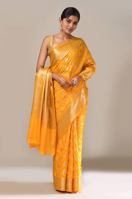 Buy_Naintara Bajaj_Yellow Flower Weave Banarasi Silk Saree With Running Blouse _Online_at_Aza_Fashions