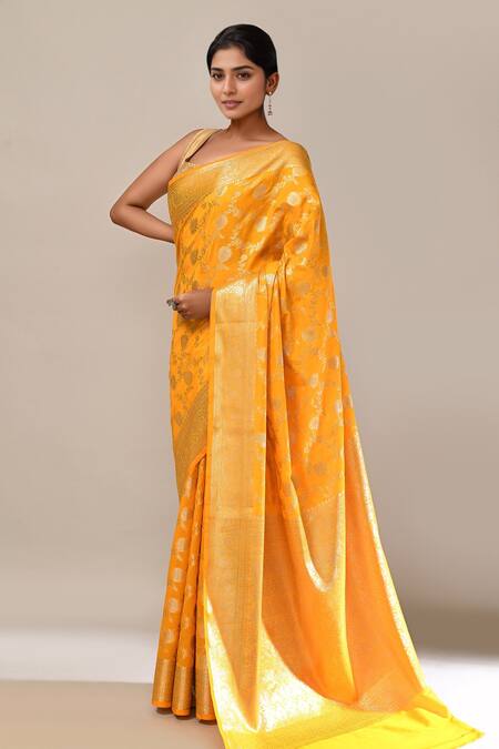 Shop_Naintara Bajaj_Yellow Flower Weave Banarasi Silk Saree With Running Blouse _Online_at_Aza_Fashions
