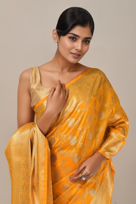 Naintara Bajaj_Yellow Flower Weave Banarasi Silk Saree With Running Blouse _at_Aza_Fashions