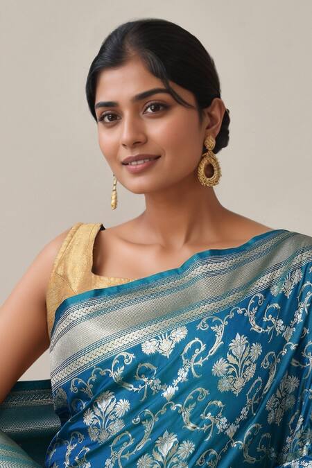 Buy Samyukta Singhania Blue Flower Weave Banarasi Silk Saree With Running Blouse Online at Aza Fashions Buy_Samyukta Singhania_Blue Flower Weave Banarasi Silk Saree With Running Blouse _Online_at_Aza_Fashions