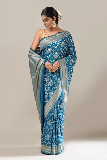 Shop Samyukta Singhania Blue Flower Weave Banarasi Silk Saree With Running Blouse Online at Aza Fashions Shop_Samyukta Singhania_Blue Flower Weave Banarasi Silk Saree With Running Blouse _Online_at_Aza_Fashions