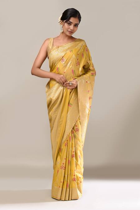 Samyukta Singhania_Yellow Flower Weave Banarasi Silk Saree With Running Blouse _Online_at_Aza_Fashions