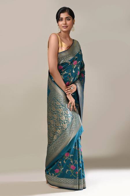 Samyukta Singhania_Teal Embroidery Flower Weave Banarasi Silk Saree With Running Blouse _Online_at_Aza_Fashions
