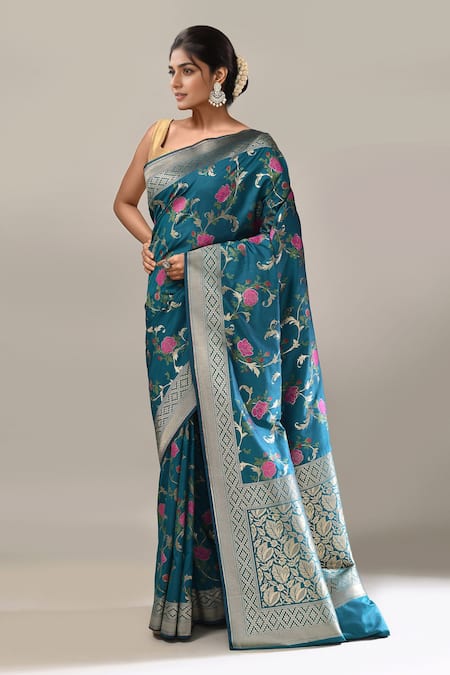 Buy_Samyukta Singhania_Teal Embroidery Flower Weave Banarasi Silk Saree With Running Blouse _Online_at_Aza_Fashions