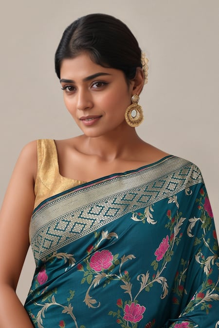 Shop_Samyukta Singhania_Teal Embroidery Flower Weave Banarasi Silk Saree With Running Blouse _Online_at_Aza_Fashions