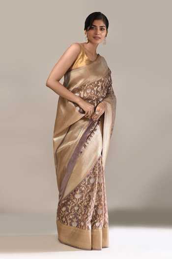Buy_Samyukta Singhania_Gold Embroidery Flower Weave Banarasi Silk Saree With Running Blouse _Online_at_Aza_Fashions