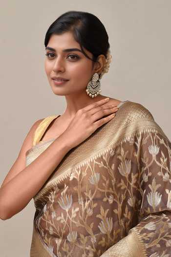 Shop_Samyukta Singhania_Gold Embroidery Flower Weave Banarasi Silk Saree With Running Blouse _Online_at_Aza_Fashions