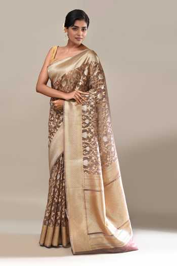 Samyukta Singhania_Gold Embroidery Flower Weave Banarasi Silk Saree With Running Blouse _at_Aza_Fashions