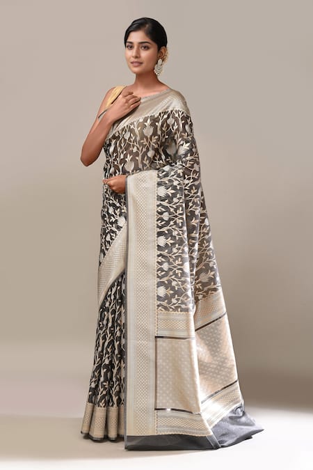 Buy_Samyukta Singhania_Black Flower Weave Banarasi Silk Saree With Running Blouse _Online_at_Aza_Fashions
