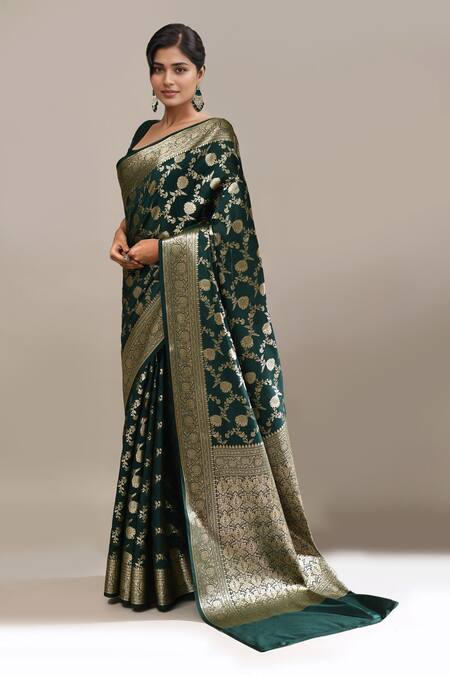 Samyukta Singhania Green Flower Weave Banarasi Silk Saree With Running Blouse Online at Aza Fashions Samyukta Singhania_Green Flower Weave Banarasi Silk Saree With Running Blouse _Online_at_Aza_Fashions