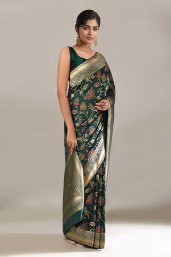 Samyukta Singhania Green Flower Weave Banarasi Silk Saree With Running Blouse Online at Aza Fashions Samyukta Singhania_Green Flower Weave Banarasi Silk Saree With Running Blouse _Online_at_Aza_Fashions