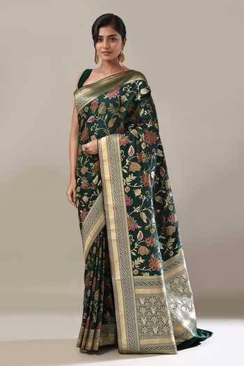 Shop Samyukta Singhania Green Flower Weave Banarasi Silk Saree With Running Blouse Online at Aza Fashions Shop_Samyukta Singhania_Green Flower Weave Banarasi Silk Saree With Running Blouse _Online_at_Aza_Fashions