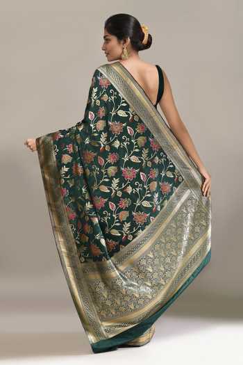 Shop Samyukta Singhania Green Flower Weave Banarasi Silk Saree With Running Blouse at Aza Fashions Shop_Samyukta Singhania_Green Flower Weave Banarasi Silk Saree With Running Blouse _at_Aza_Fashions