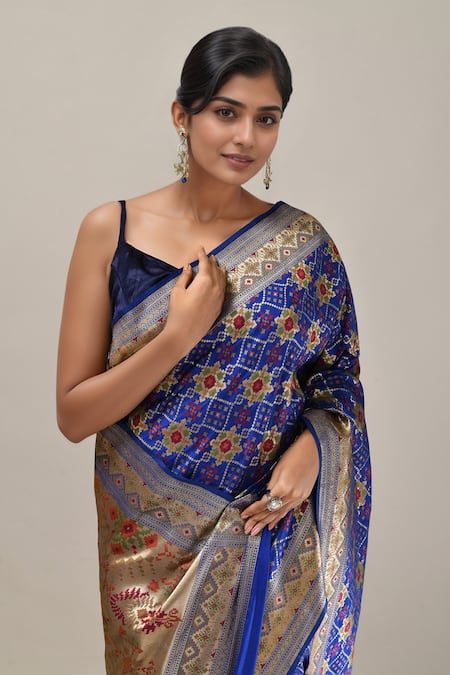 Shop_Samyukta Singhania_Blue Weave Patola Banarasi Saree With Running Blouse _Online_at_Aza_Fashions