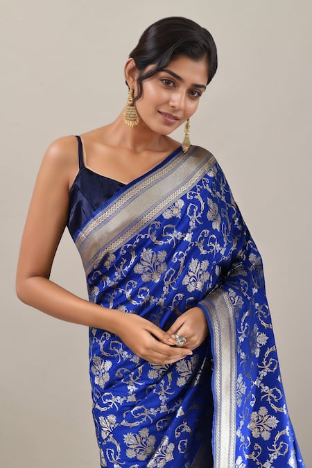 Buy Samyukta Singhania Blue Flower Weave Banarasi Silk Saree With Running Blouse Online at Aza Fashions Buy_Samyukta Singhania_Blue Flower Weave Banarasi Silk Saree With Running Blouse _Online_at_Aza_Fashions