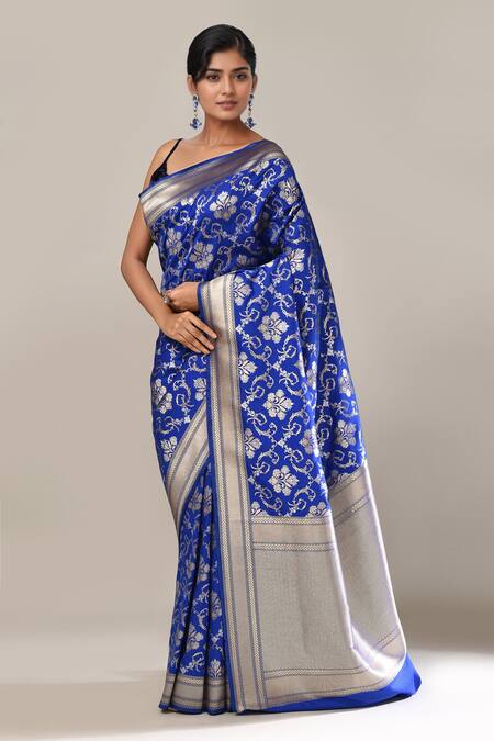 Shop Samyukta Singhania Blue Flower Weave Banarasi Silk Saree With Running Blouse Online at Aza Fashions Shop_Samyukta Singhania_Blue Flower Weave Banarasi Silk Saree With Running Blouse _Online_at_Aza_Fashions