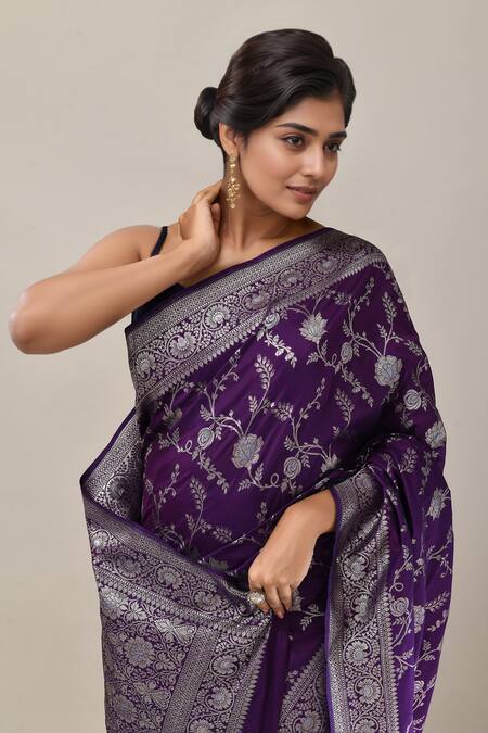 Shop Samyukta Singhania Purple Embroidery Flower Weave Banarasi Silk Saree With Running Blouse Online at Aza Fashions Shop_Samyukta Singhania_Purple Embroidery Flower Weave Banarasi Silk Saree With Running Blouse _Online_at_Aza_Fashions