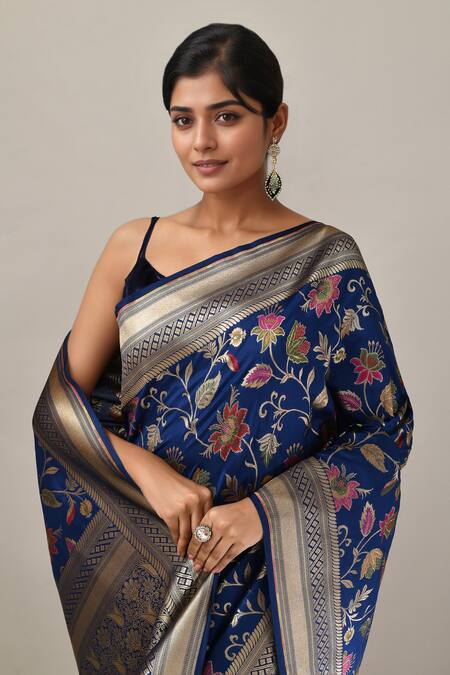 Shop_Samyukta Singhania_Blue Embroidery, Zari Flower Weave Banarasi Silk Saree With Running Blouse _Online_at_Aza_Fashions