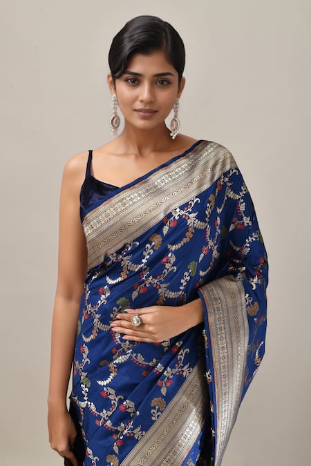 Samyukta Singhania Blue Embroidery, Zari Flower Weave Banarasi Silk Saree With Running Blouse Online at Aza Fashions Samyukta Singhania_Blue Embroidery, Zari Flower Weave Banarasi Silk Saree With Running Blouse _Online_at_Aza_Fashions