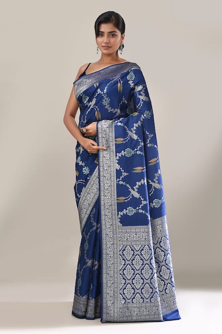 Buy_Samyukta Singhania_Blue Flower Weave Banarasi Silk Saree With Running Blouse _Online_at_Aza_Fashions