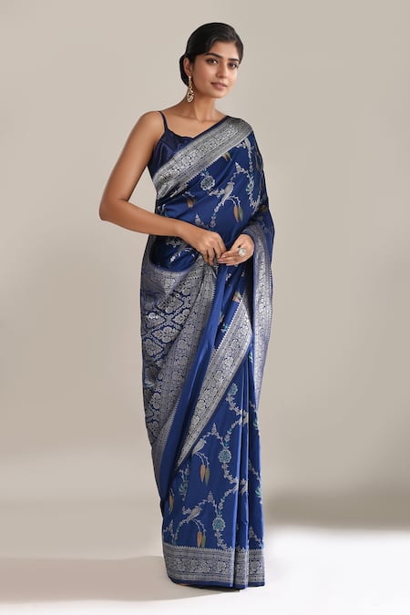 Shop_Samyukta Singhania_Blue Flower Weave Banarasi Silk Saree With Running Blouse _Online_at_Aza_Fashions