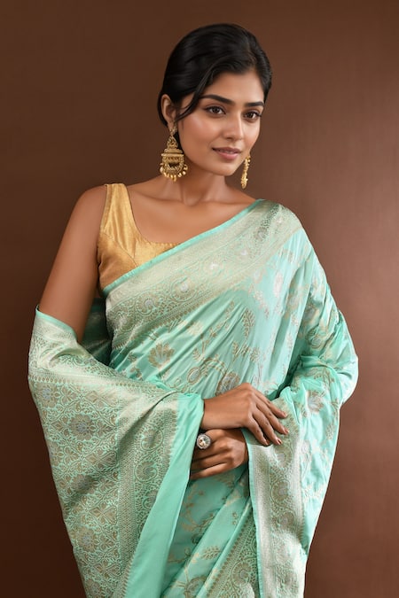 Samyukta Singhania_Sky Blue Flower Weave Banarasi Silk Saree With Running Blouse _Online_at_Aza_Fashions