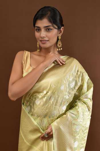 Shop Samyukta Singhania Green Flower Weave Banarasi Silk Saree With Running Blouse Online at Aza Fashions Shop_Samyukta Singhania_Green Flower Weave Banarasi Silk Saree With Running Blouse _Online_at_Aza_Fashions