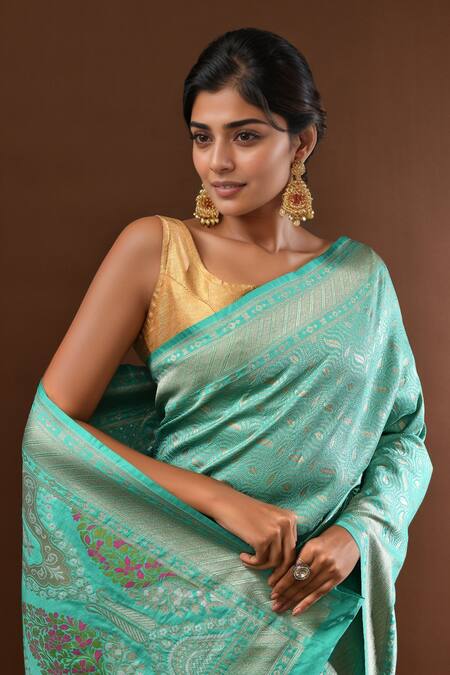 Shop_Samyukta Singhania_Sky Blue Leaf Woven Banarasi Silk Saree With Running Blouse _Online_at_Aza_Fashions