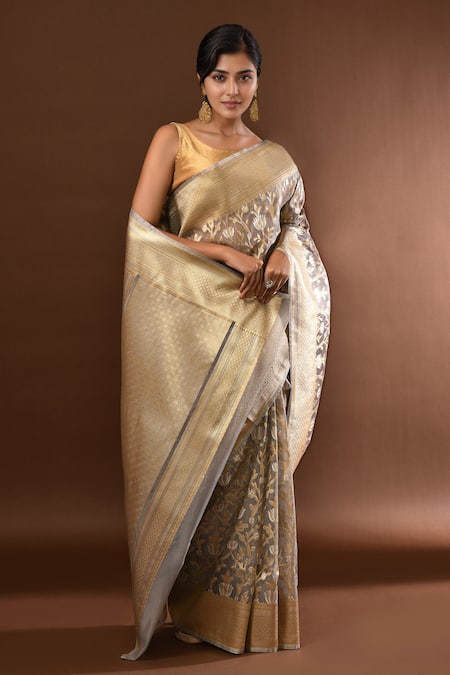 Buy_Samyukta Singhania_Gray Flower Weave Banarasi Silk Saree With Running Blouse _Online_at_Aza_Fashions
