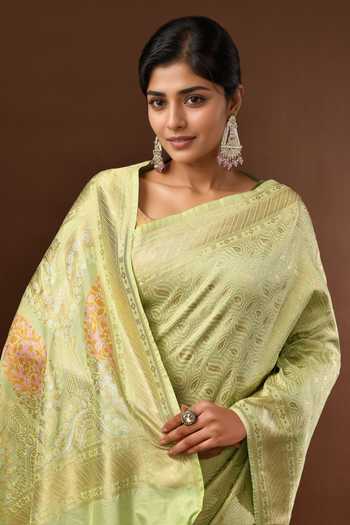 Buy_Samyukta Singhania_Green Leaf Woven Banarasi Silk Saree With Running Blouse _Online_at_Aza_Fashions