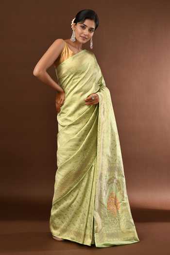 Shop_Samyukta Singhania_Green Leaf Woven Banarasi Silk Saree With Running Blouse _Online_at_Aza_Fashions