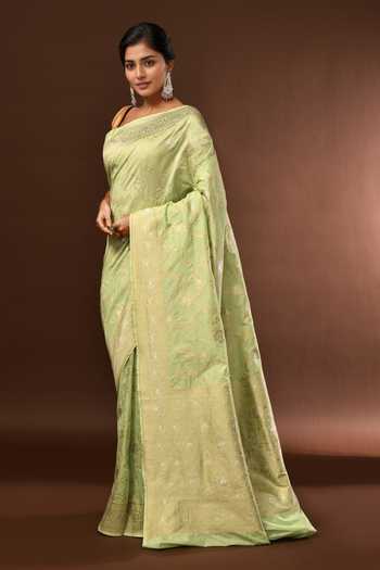 Buy_Samyukta Singhania_Green Flower Weave Banarasi Silk Saree With Running Blouse _Online_at_Aza_Fashions