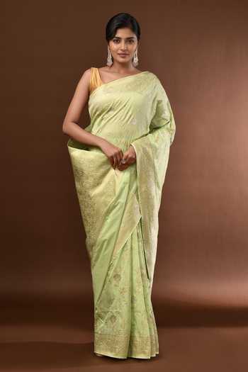 Shop_Samyukta Singhania_Green Flower Weave Banarasi Silk Saree With Running Blouse _Online_at_Aza_Fashions
