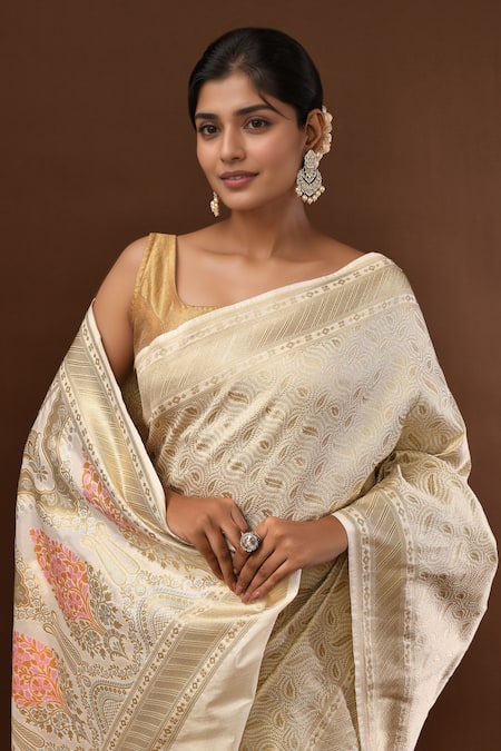 Samyukta Singhania Ivory Leaf Woven Banarasi Silk Saree With Running Blouse Online at Aza Fashions Samyukta Singhania_Ivory Leaf Woven Banarasi Silk Saree With Running Blouse _Online_at_Aza_Fashions
