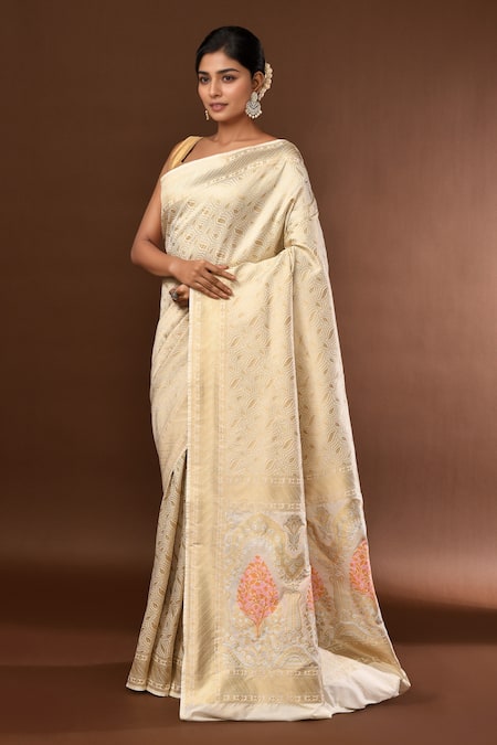 Samyukta Singhania Ivory Leaf Woven Banarasi Silk Saree With Running Blouse at Aza Fashions Samyukta Singhania_Ivory Leaf Woven Banarasi Silk Saree With Running Blouse _at_Aza_Fashions