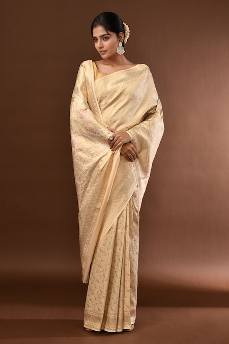 Shop_Samyukta Singhania_Cream Leaf Woven Banarasi Silk Saree With Running Blouse _Online_at_Aza_Fashions