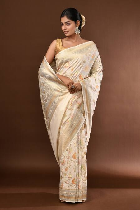 Shop_Samyukta Singhania_White Flower Weave Banarasi Silk Saree With Running Blouse _Online_at_Aza_Fashions