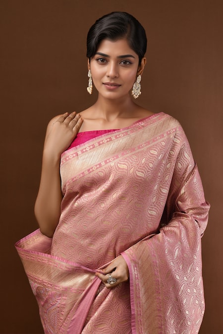 Buy_Samyukta Singhania_Pink Leaf Woven Banarasi Silk Saree With Running Blouse _Online_at_Aza_Fashions