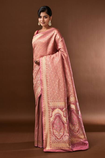 Shop_Samyukta Singhania_Pink Leaf Woven Banarasi Silk Saree With Running Blouse _Online_at_Aza_Fashions