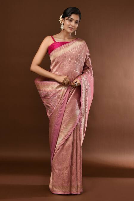 Samyukta Singhania_Pink Leaf Woven Banarasi Silk Saree With Running Blouse _at_Aza_Fashions