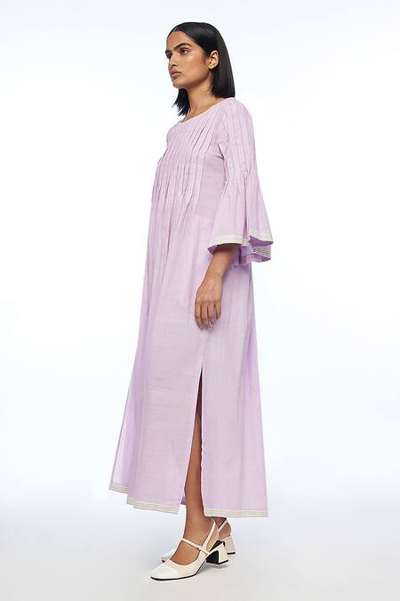 Shop_Payal Pratap_Purple Handloom Cotton Round Neck Reversa Pleated Dress _Online_at_Aza_Fashions