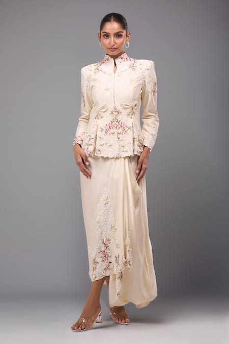 Anamika Khanna Ivory Embroidered Peplum Jacket Set 