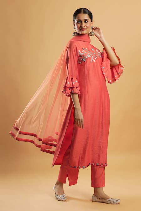 Bha Sha Orange Chanderi, Shantoon, Net Embroidery Round Neck Thread Work Kurta Set 