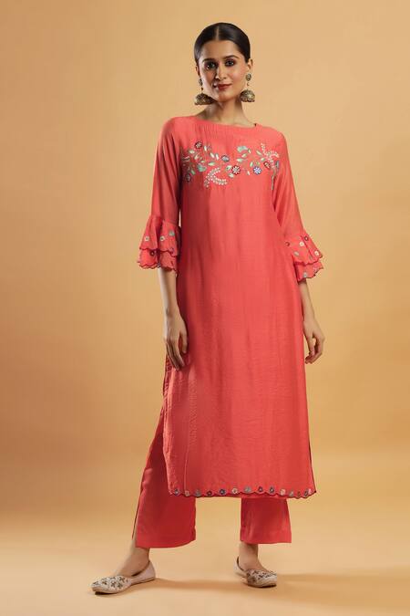 Bha Sha_Orange Chanderi, Shantoon, Net Embroidery Round Neck Thread Work Kurta Set _at_Aza_Fashions