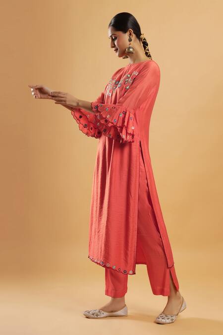 Shop_Bha Sha_Orange Chanderi, Shantoon, Net Embroidery Round Neck Thread Work Kurta Set 