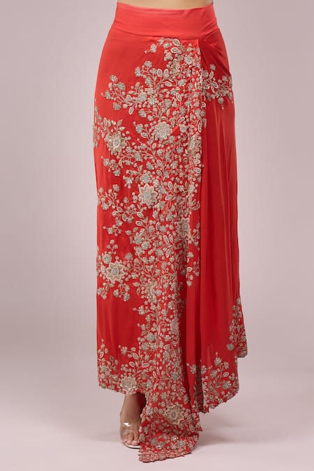 Buy_Anamika Khanna_Coral Chiffon Embroidery Round Neck Draped Skirt Set 