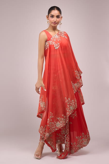 Shop_Anamika Khanna_Coral Chiffon Embroidery Round Neck Draped Skirt Set 
