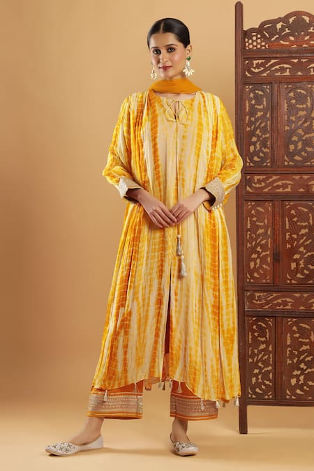 Bha Sha Yellow Georgette, Shantoon, Net Gota Patti Round Neck Marigold Kurta Set 