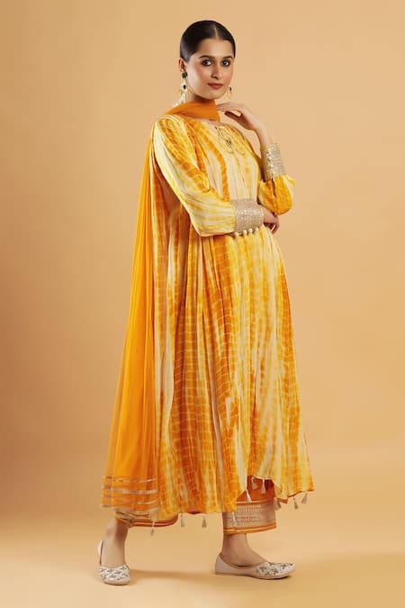 Bha Sha_Yellow Georgette, Shantoon, Net Gota Patti Round Neck Marigold Kurta Set _at_Aza_Fashions