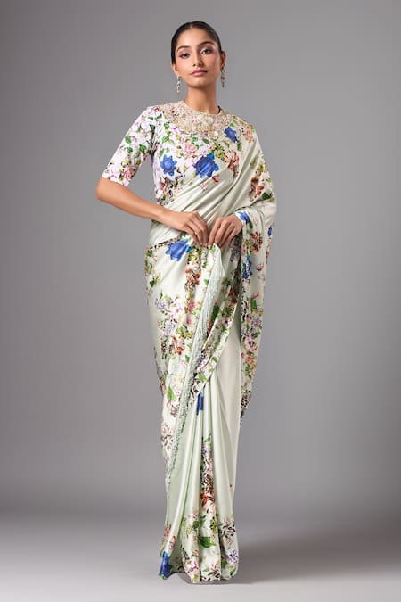 Anamika Khanna Light Blue Floral Printed Saree Set 
